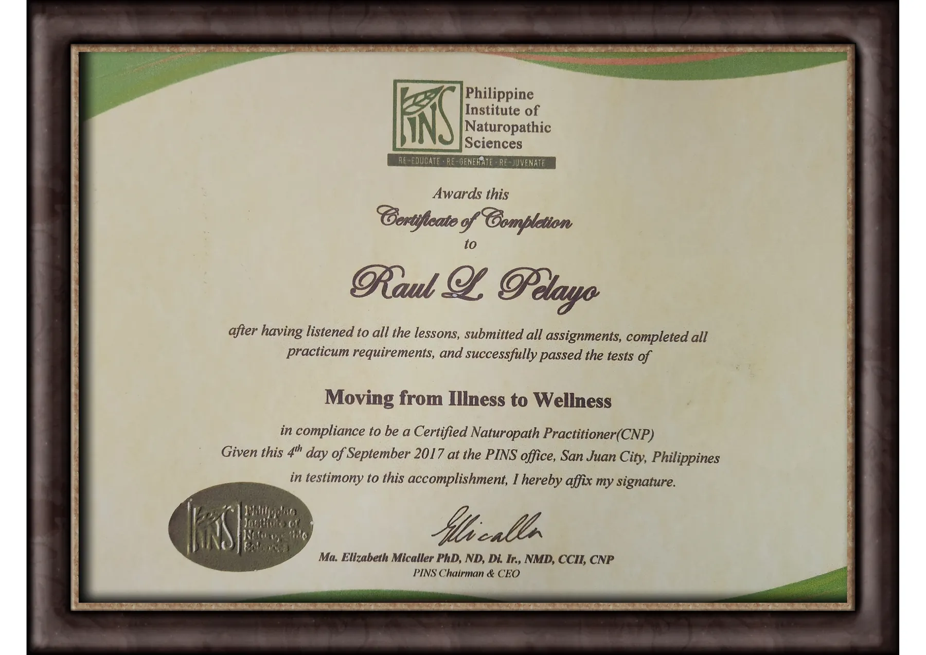 Philippine Institute of Naturopathic Sciences certificate of completion for Raul L. Pelayo.