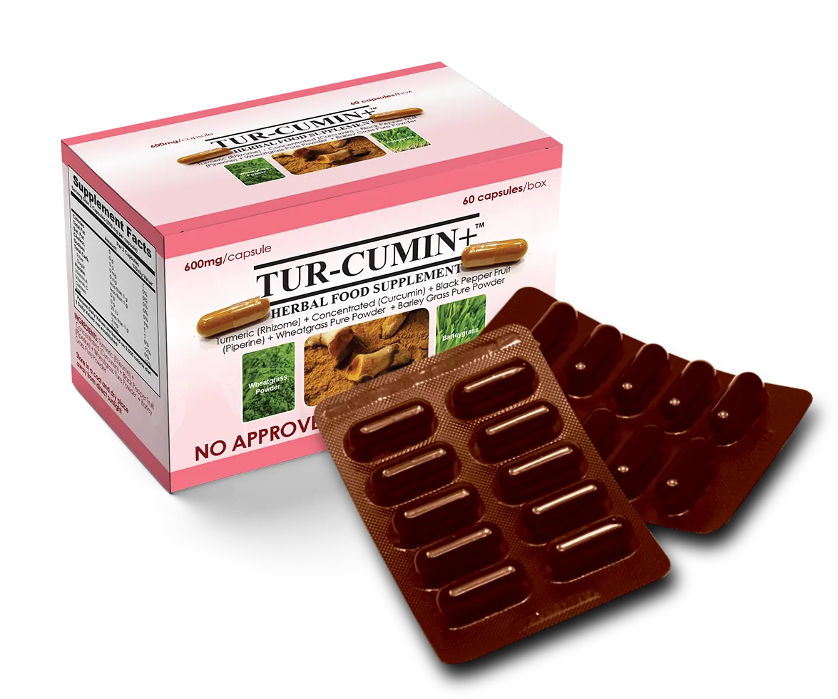 TUR-CUMIN+ herbal food supplement product box and blister pack photo